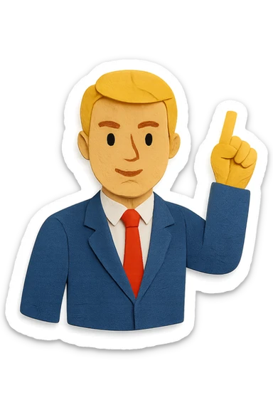 Confident male leader, Caucasian, short neat blonde hair, sharp eyes, indigo jacket, one arm raised gicing direction, waist-up, front-facing sticker