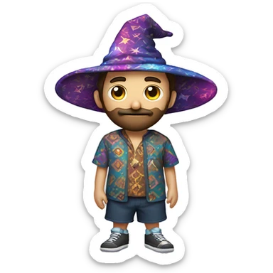 a man with short brown hair and a beard shadow wearing a wizard hat and a multi pattern psychedelic shirt and shorts sticker