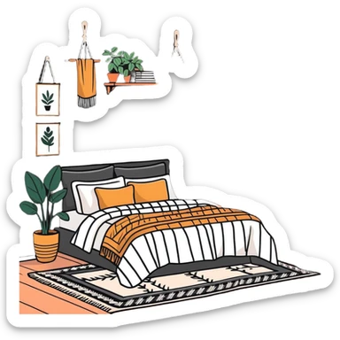 modern bohemian bedroom with hanging plants, layered patterned rugs, and lots of cozy blankets on bed sticker