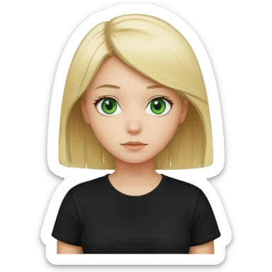 Girl with green eyes, blonde with an even hole with straight hair up to the waist in a black t-shirt sticker