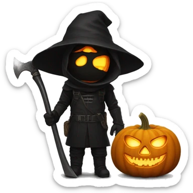 Human pumpkin hunter with a scythe, glowing pumpkin eyes inside a black helmet, Halloween theme, emoji" sticker