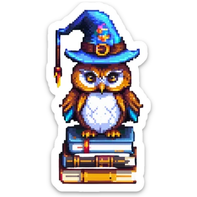 pixel art owl with a wizard hat, sitting on a stack of books sticker