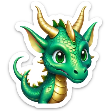 Cinematic Cute Dragon Portrait Emoji, Head tilted playfully and inquisitively, featuring a sleek, serpentine form adorned with iridescent scales that shift between emerald and gold, a delicate set of subtle horns, and round, sparkling eyes full of curious magic; rendered with realistic detail and warm natural light, high shine, affectionate and enchanting, styled with a touch of whimsical fantasy, soft glowing outline, capturing the essence of a mischievous yet lovable dragon that seems poised to slither playfully into your arms! sticker