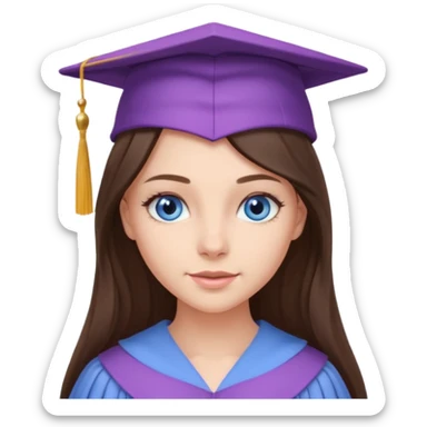 young brunette girl long hair, blue eyes and lilac gown and cap university graduate sticker