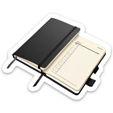 An elegant Moleskine notebook with elastic band, open to display a meeting agenda with items listed sticker