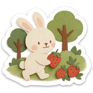 bunny picking strawberries in the woods, sweet pastel red, paper-craft style sticker