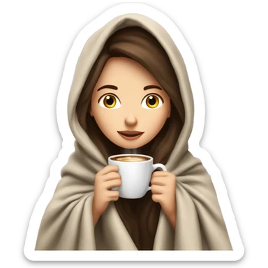 brunette white girl under blanket with coffee cup sticker