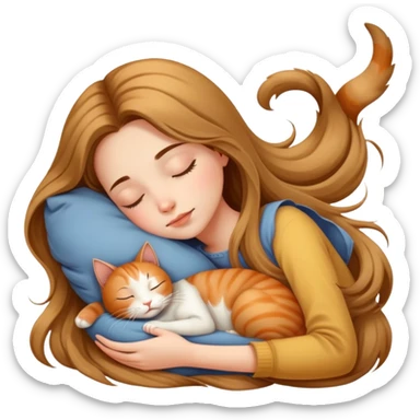 Generate a picture of a beautiful girl with long hair sleeping with a cat sticker