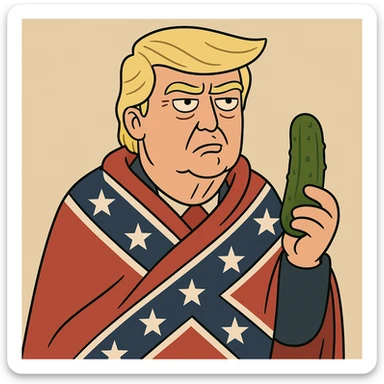 Donald Trump with a confederate flag draped over his shoulders and holding a pickle, cartoon style sticker