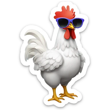 A chicken with sunglasses and horns and with a rainbiw sticker
