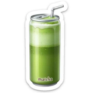 Create an emoji-style illustration of a tall, transparent can-shaped drink filled with iced matcha. The top is sealed with a silver metal pull-tab lid. The drink has a green matcha layer on top that gradually fades into a milky white layer at the bottom. The can is sleek and minimalist. sticker