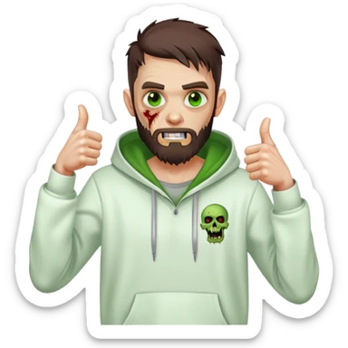 zombie with thumbs up gesture, undercut hairstyle with dark brown hair, short full beard, green eyes, wearing plain white hoodie sticker