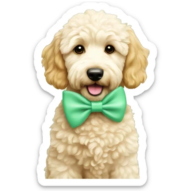 A beige mini golden doodle with blonde highlights wearing a red bow on her mint green collar sticker