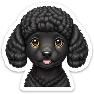 Cinematic Cute Black Poodle Portrait Emoji, Head tilted playfully and inquisitively, showcasing a bouncy, curly jet-black Fur with a striking sheen, round, sparkling dark eyes filled with curiosity, Simplified yet irresistibly adorable features, highly detailed, glowing with a warm, friendly glow, high shine, affectionate and lively, stylized with a touch of whimsy, bright and endearing, soft glowing outline, capturing the essence of a mischievous yet loving companion, so playful it feels like it could bounce out of the screen and into your arms! sticker