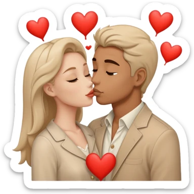 A man in pale beige clothes and a woman in pale beige clothes are kissing with white hearts sticker