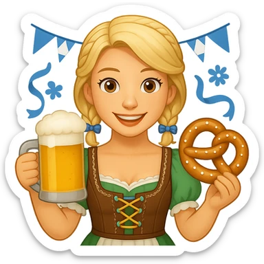 Add Oktoberfest props including a beer stein, pretzel, and blue-and-white decorations to the image. Keep the background transparent. The style should be consistent with the original image. sticker