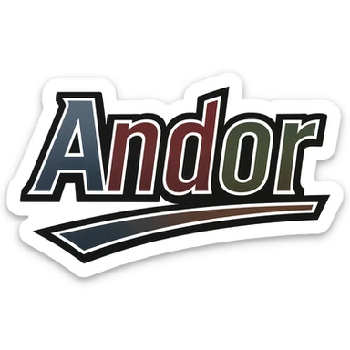 Text image of the name 'Andor' in a masculine, modern, gradient font with precise Hungarian characters, dark contour, extra thick, prominent white letter outline as in reference images, dynamic slanted underline, masculine color shades including blue, gray, burgundy, green, and brown, 1000x1000 px, PNG, transparent background. sticker