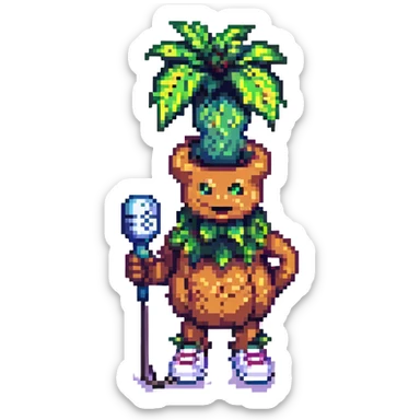 pixel art mandrake funkeiro, holding a microphone, flashy sneakers, energetic vibe, pixelated details sticker