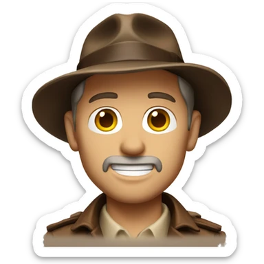 White Indiana Jones with a dark brown jacket and a brown hat, beige shirt sticker