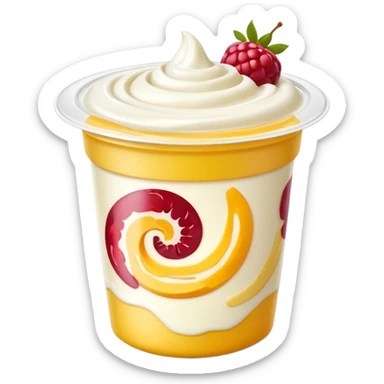 small yogurt cup with peeled-back foil lid, creamy yogurt with fruit swirls, no spoon or extras, soft lighting, subtle shadows, emoji scale sticker