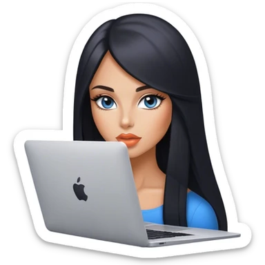 Glamours, tanned, very beautiful girl, with big pump peach lips, black straight smooth silky long hair, straight parting, blue-grey eyes with MacBook sticker