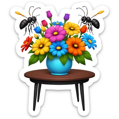 a table with a bouquet of flowers on top and an ant underneath sticker