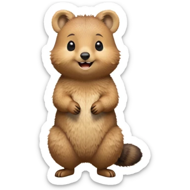 cinematic-quokka-realistic-full-body-standing on its hind legs hunched over-emoji,-small-round-frame-balanced-on-tiny-strong-hind-legs,giant fluffy cheeks large smile-fluffy-brown-fur-radiating-a-warm-softness,-big-round-eyes-filled-with-joy-and-innocence,-tiny-clawed-paws-held-close-to-chest,-cheerful-smile-exuding-endearing-happiness,-simplified-yet-realistic-focused-features,-highly-detailed,-glowing-with-a-sunny-warmth, skinny tail sticker