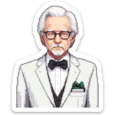 Colonel Sanders KFC, old man with white hair, white goatee, black bow tie, white suit, glasses sticker