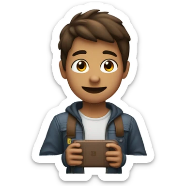 Create an emoji of a boy with brown hair and not-so-brown skin holding a Nintendo Switch and winking sticker