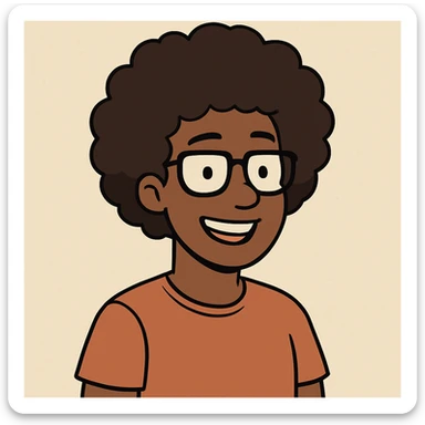 portrait of a person with afro hair, dark skin tone, brown hair, and glasses, friendly and modern style, simple and clear design, minimalistic and expressive, cheerful expression, cartoon avatar sticker