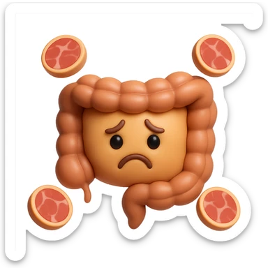 emoji stile iphone in 3d di un intestino triste con fette di carne che gli fluttuano intorno sticker