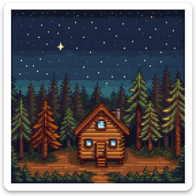 wooden house in a pine forest at night with stars in the sky sticker