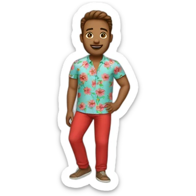 man with a flower shirt with a red pant sticker