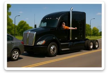 Zoom the scene out even farther, showing more of the road and landscape, with the black Kenworth W680 semi truck featuring a chrome stack, an angry bald driver wearing an orange shirt and baseball cap with his arm out the window, following a car. The scene should remain bright and vibrant. sticker