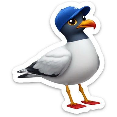 Seagull with wearing dark blue ballcap emblazoned with a red G initial sticker