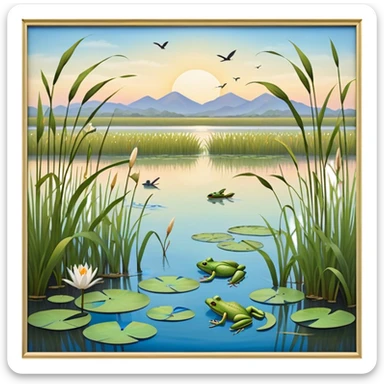 Cinematic Realistic Wetlands Emoji in a wooden frame, Peaceful and serene, with tall grasses swaying in the breeze and soft, muddy waters reflecting the sky above. Small birds and insects flit among the reeds while lily pads float lazily across the surface, punctuated by the occasional croak of a frog or splash of a fish. Soft glowing outline, capturing the essence of a calm, tranquil wetland brimming with life and natural beauty. sticker