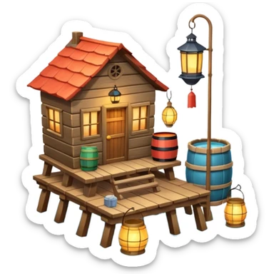
fisherman house on a wooden pier, small dock, fishing nets hanging, barrels, lantern, ocean vibe, 3D cartoon, cute mobile game icon, clean background, no text
 sticker