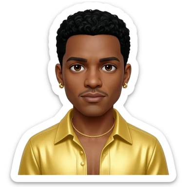 Usher with dark brown eyes, black hair, butter yellow metallic shirt, gold necklace and short earrings sticker