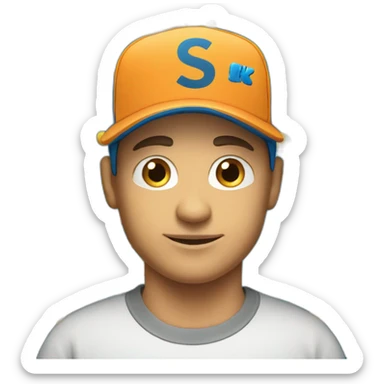 Men with a blue cap with the letters S and K and tshirt sticker