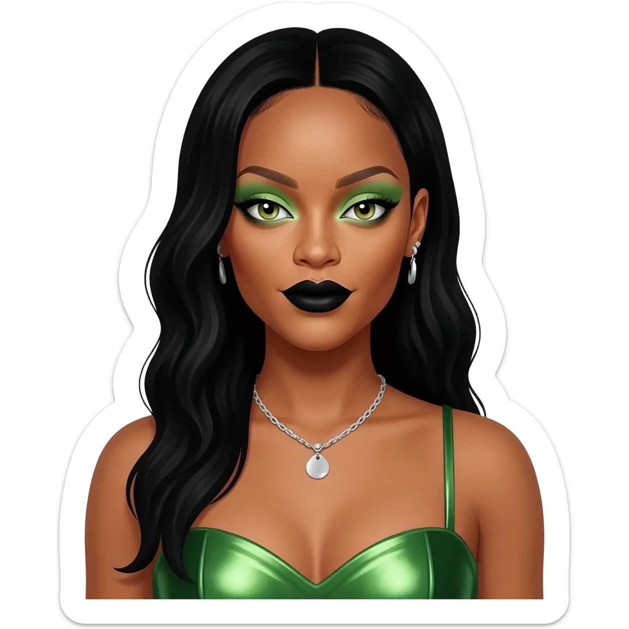 Rihanna with hazel green eyes, long black hair, light green eyeshadow, black lipstick, green metallic sweetheart dress, silver necklace and earrings sticker