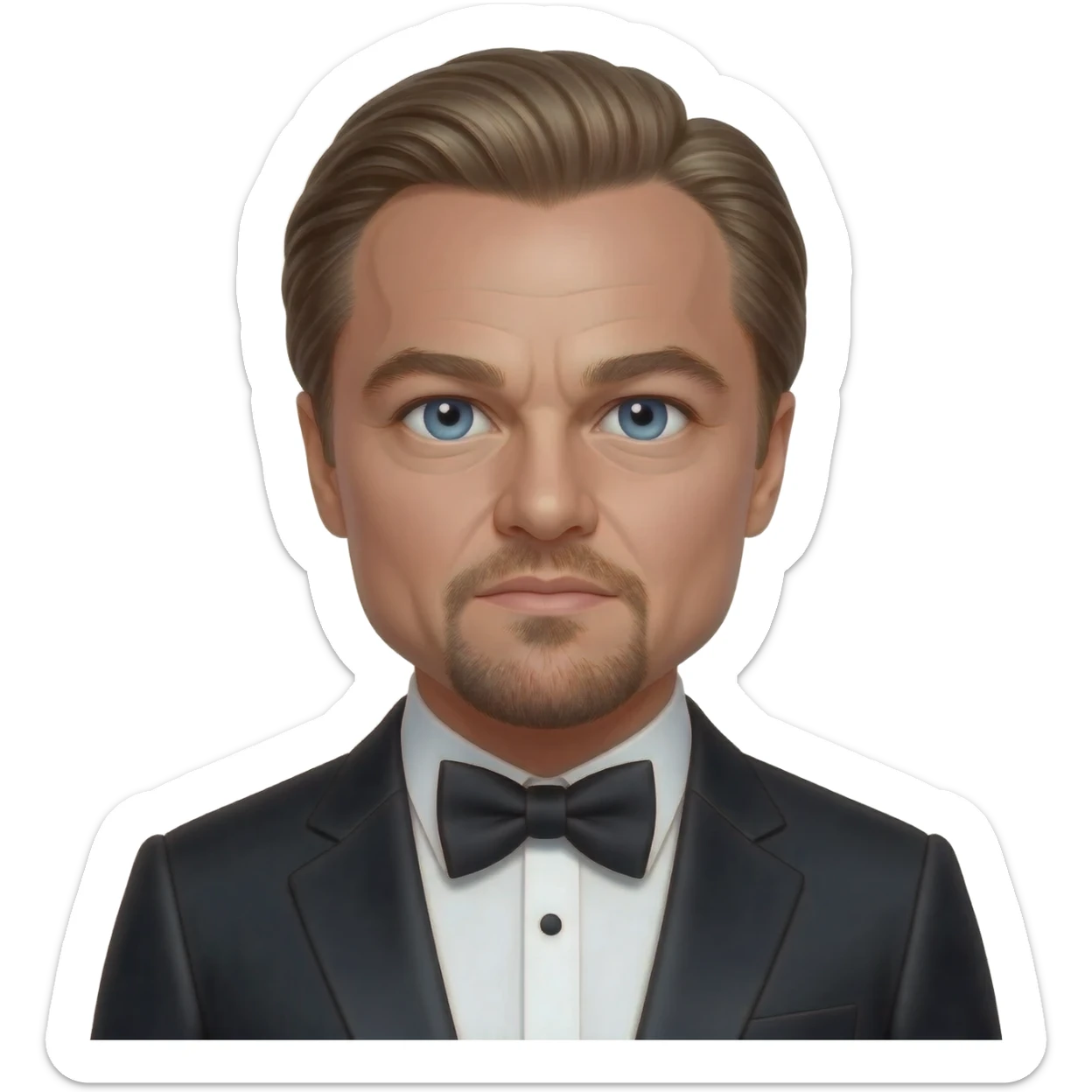 Leonardo DiCaprio with blue eyes, dark blonde hair, black metallic suit with bow tie sticker