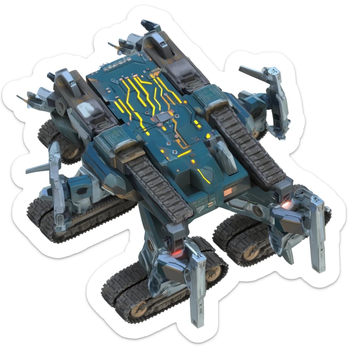A top down view of an end level boss robot drone with tank track, in a cyber punk futuristic style far beyond what is currently available today, from the year 3000, the camera needs to be directly above the end boss robot drone looking down sticker