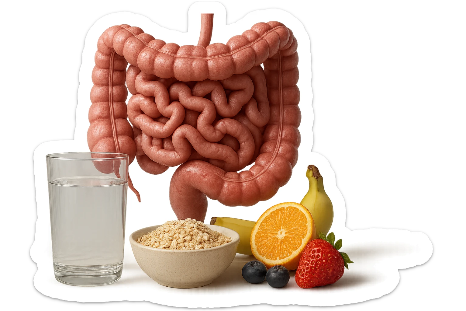 intestino umano anatomico sullo sfondo, davanti a lui un bicchiere di acqua, una bowl di avena e un po' di frutta mista, iperrealistici 4k sticker