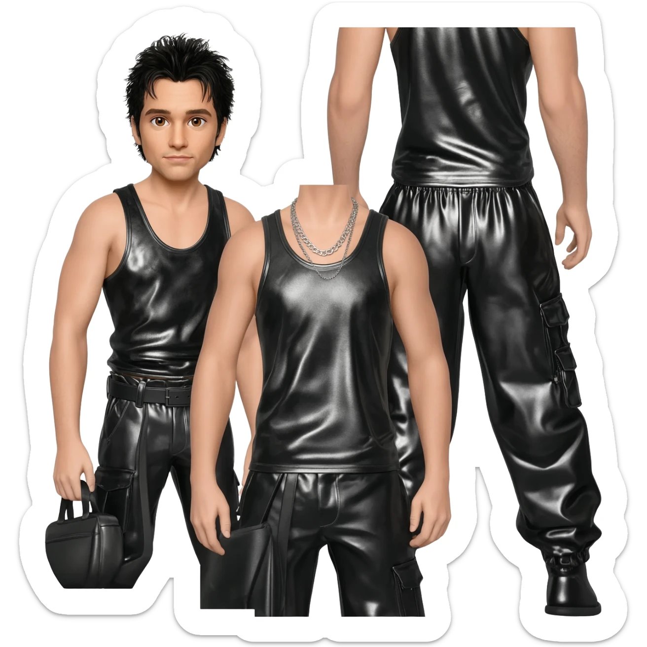 Danny Wood from NKOTB with brown eyes, black hair, black metallic tank top, black metallic baggy pants, silver necklace sticker