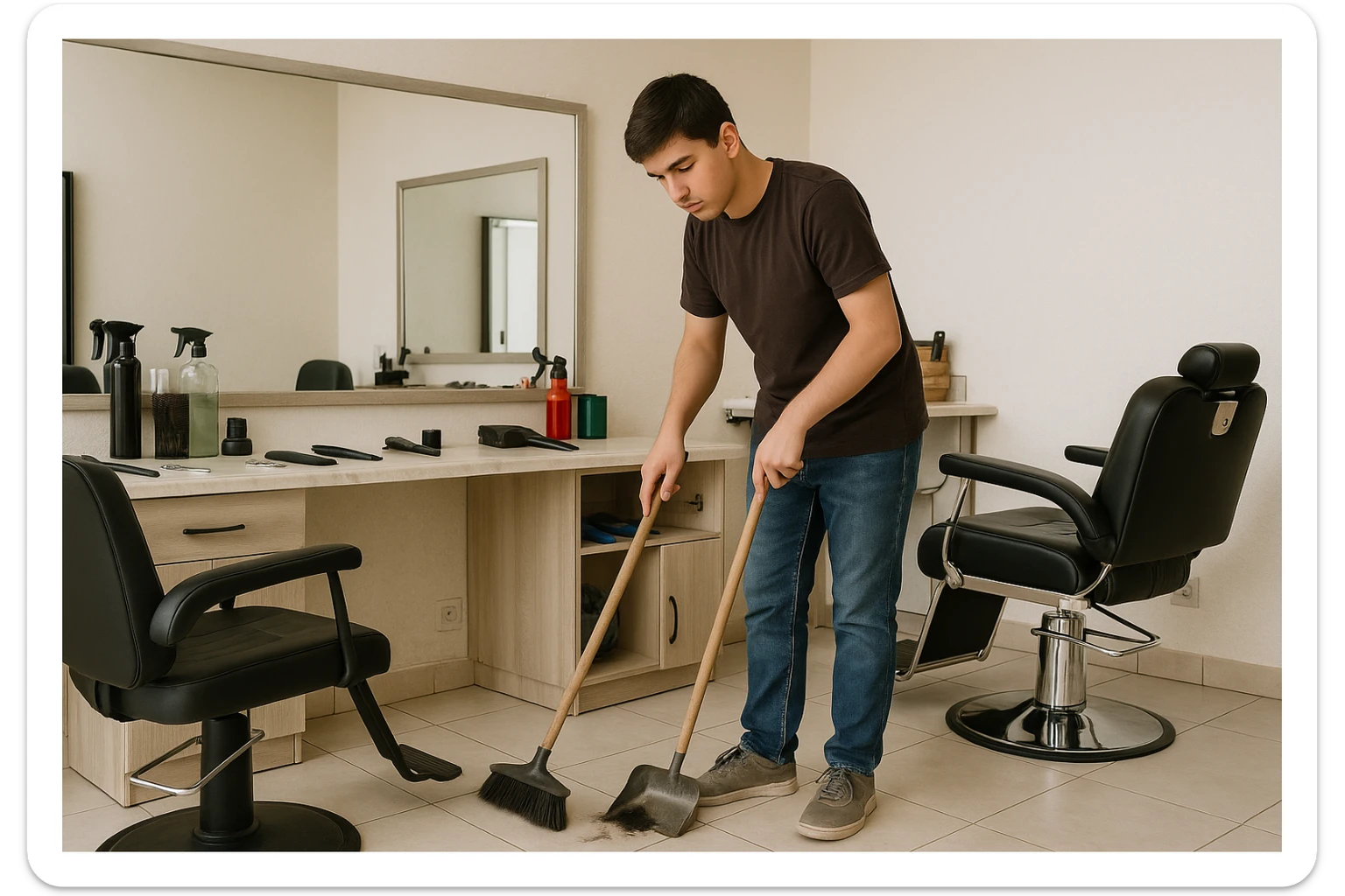 sartaroshxonani tozalayotgan o'smirin bola juda  yosh ham emas katta ham supir sudir qilaytgani narsalarni tozalayotgani  
 sticker