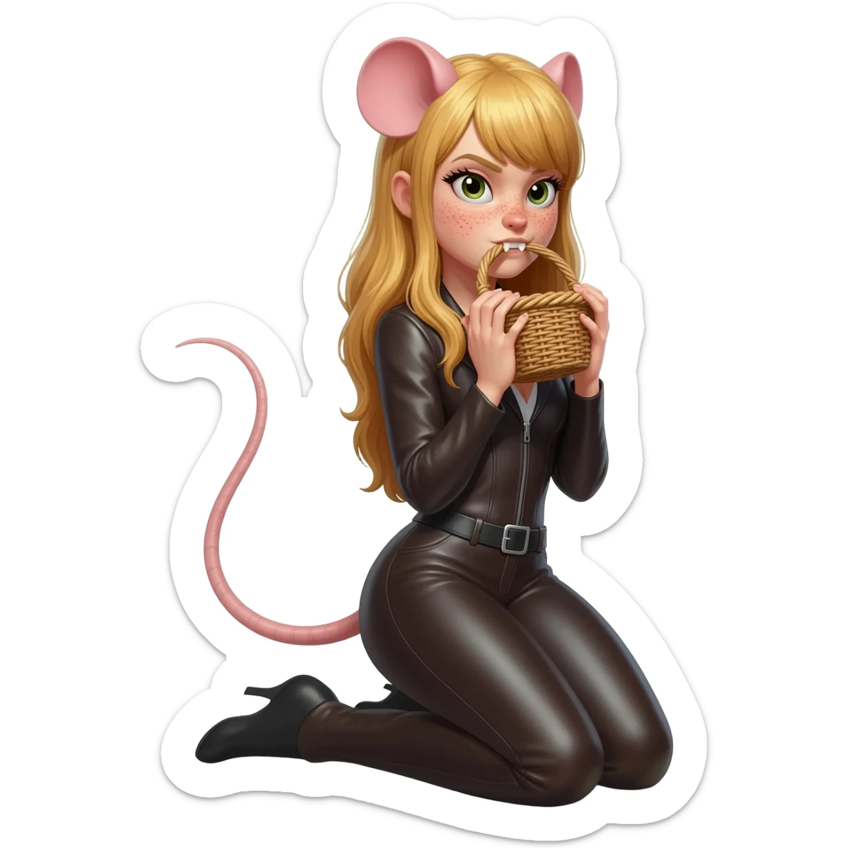 pretty woman with rat tail and rat ears have blond long hair and freckles. she is on her knees and hands and holding the wicker in her teeth. she is dressed in a leather-fitted suit sticker