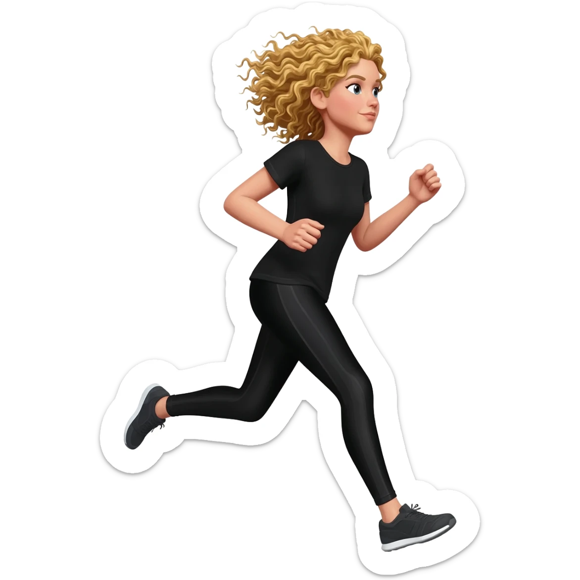 blond curly hair running woman in black long leggins and black t-shirt sticker