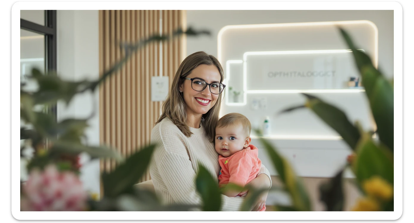 Cinematic still, blurred plants in the foreground (frame within a frame), Proffesional advertising of a smiling european white woman with glasses smiling holding baby, minimalistic ophthalmologist interior in background, leading  lines, "rule of thirds", 60/30/10 colors, soft light, warm colors sticker