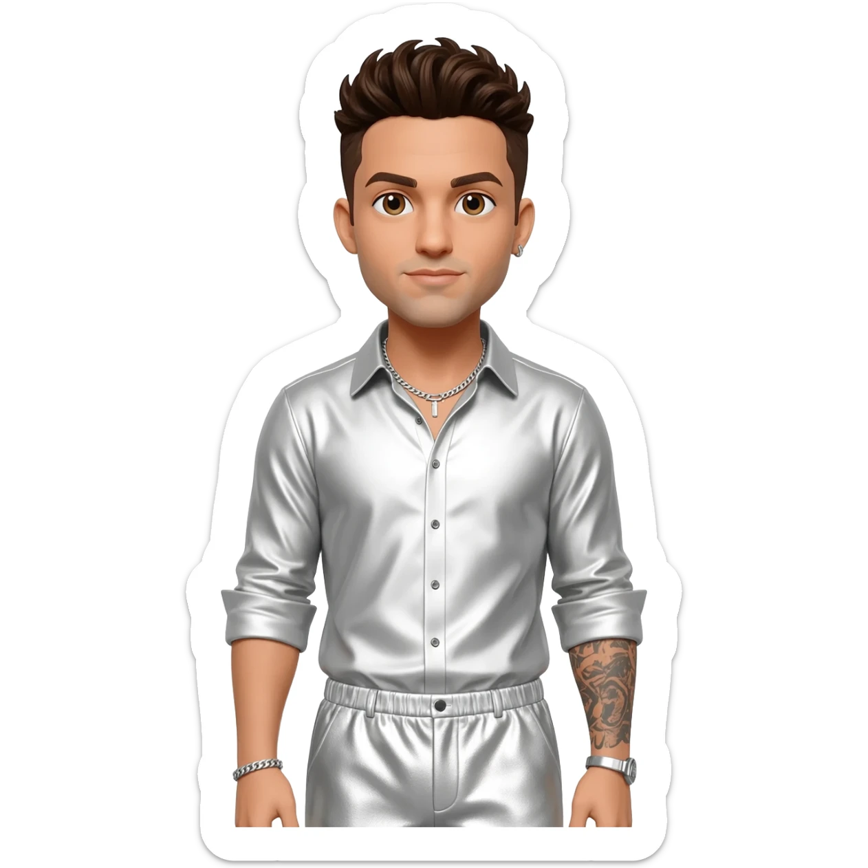 Howie Dorough from Backstreet Boys with brown eyes, dark brown hair, white metallic shirt, white metallic baggy pants, silver necklace sticker