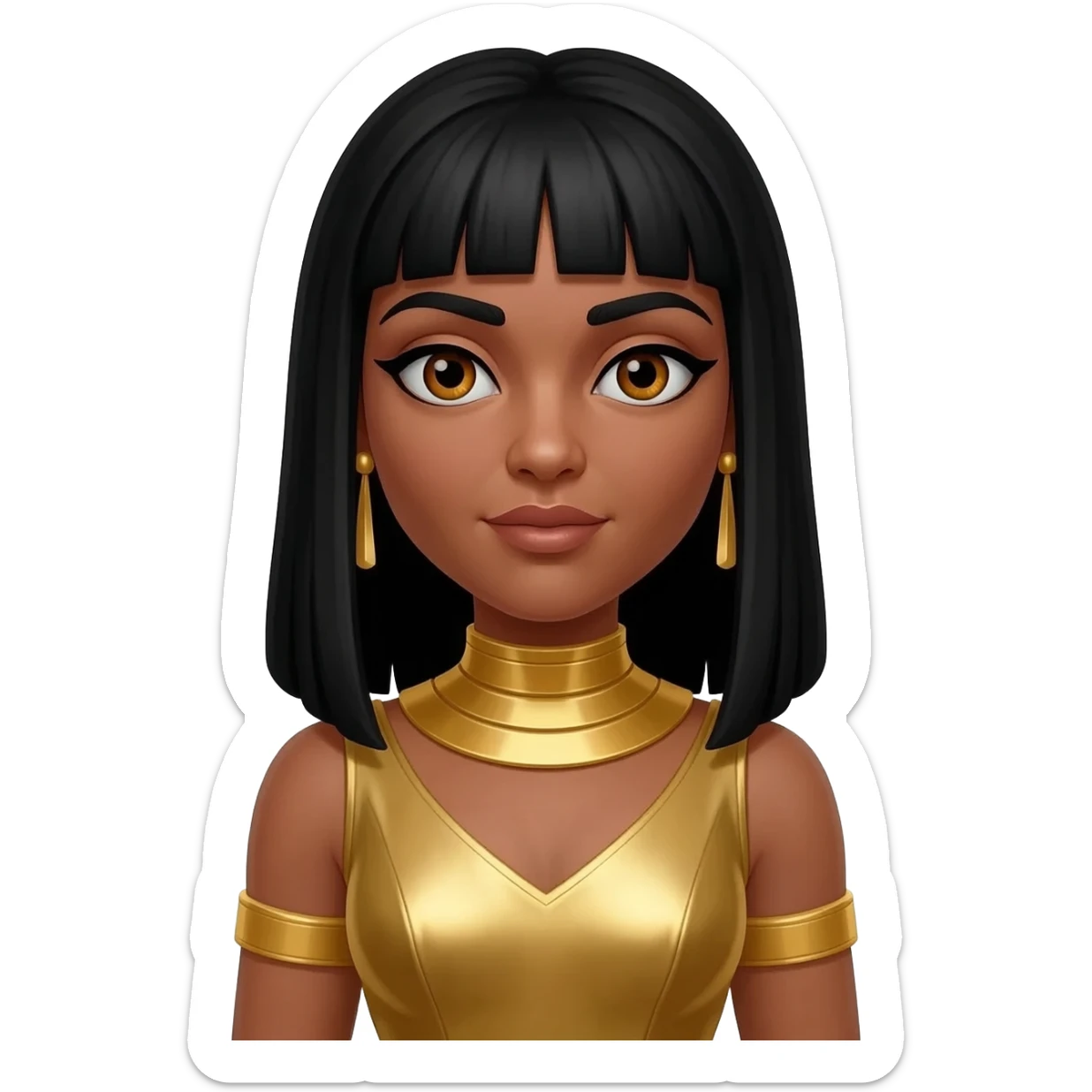 Cleopatra from Rome Mythology with hazel eyes, long black hair, gold metallic tunic, gold collar and earrings sticker